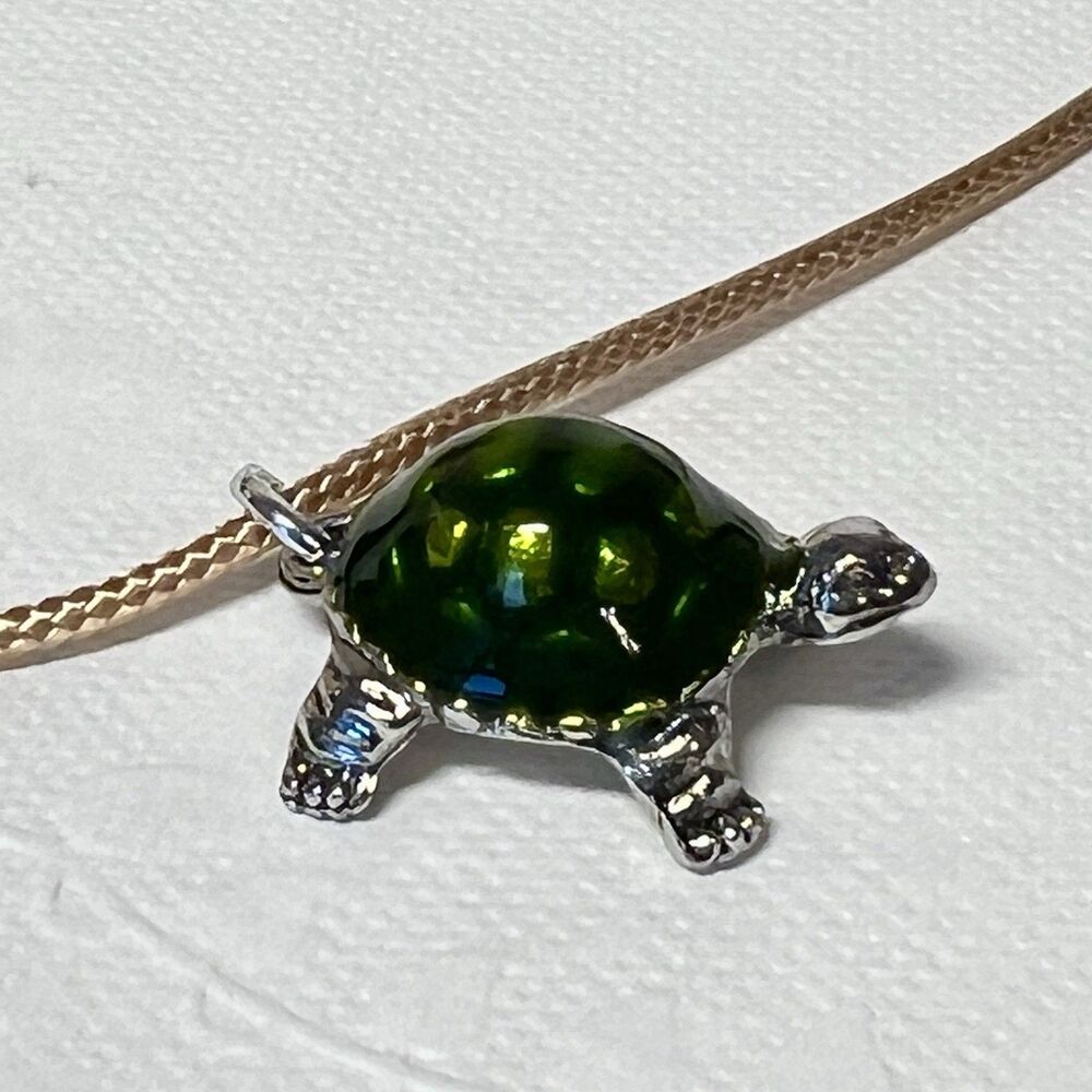 Green And Silver Turtle Charm Necklace On 18" Waxed Cord w/ Extension